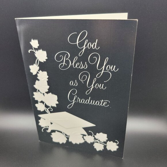 Evie Quaries Vintage Graduation Card Embossed Leaf Cap Christian Greeting - Picture 1 of 5